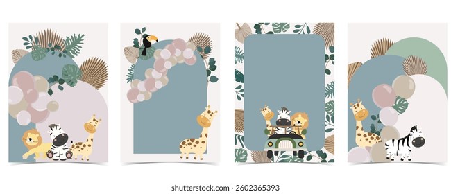 Boho arch template background with paper palm leaves and balloons