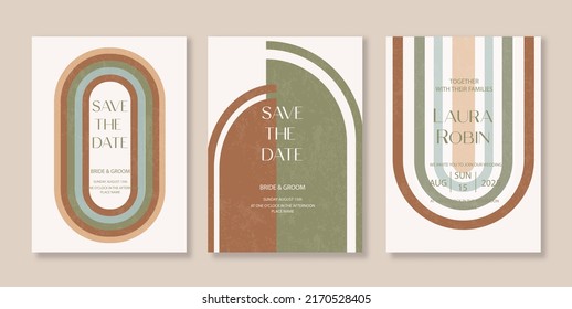 Boho Arch Wedding Invitation Terraccota Rust Beige Modern Retro 70s Rainbow Sage Arch Moss Abstract Japandi Minimalism