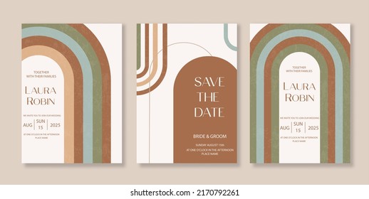 Boho Arch Wedding Invitation Terraccota Rust Beige Modern Retro 70s Rainbow Sage Arch Moss Abstract Japandi Minimalism