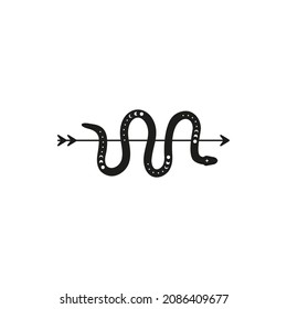 Boho arrow with celestial snake and moon phases isolated on white background.