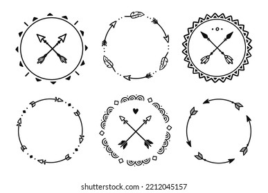 Boho Arrow Circle Frame Set. Hand Drawn Doodle African, Aztec Rustic Ethnic Arrow Border, Ornament Circle Frame. Tribal Boho Decor Design. Vector Illustration.