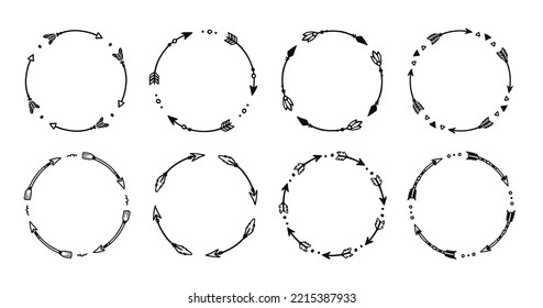 Boho arrow circle frame set. Hand drawn doodle african, aztec rustic ethnic arrow border, ornament circle frame. Tribal boho decor design. Vector illustration.
