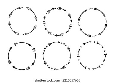 Boho arrow circle frame set. Hand drawn doodle african, aztec rustic ethnic arrow border, ornament circle frame. Tribal boho decor design. Vector illustration.