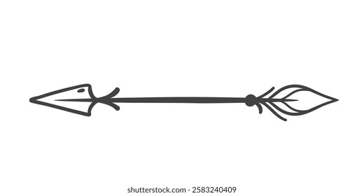 Boho arrow of cupids bow line icon. Outline retro Indian arrow with feather and sharp tip, hand drawn vintage element. Romantic card decoration mascot, cute separator icon vector illustration
