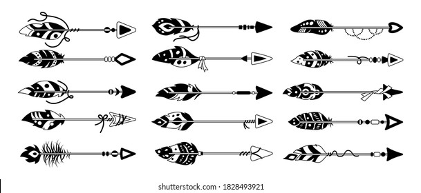 Boho arrow with feather black glyph set. Line ethnic bird feathers, hand drawn arrowhead. Tattoo hipster design collection. Bohemian style, indian, hipster, tribal symbols. Vector illustration