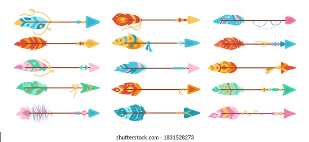 Boho arrow with feather cartoon set. Colorful ethnic bird feathers, hand drawn arrowhead. Hipster design collection. Bohemian style, indian, hipster, tribal symbols. Vector illustration