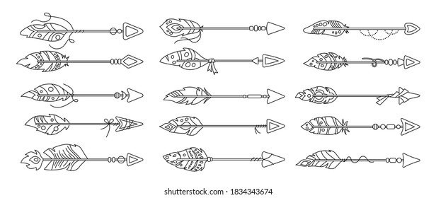 Boho arrow with feather outline cartoon set. Line ethnic bird feathers, hand drawn arrowhead. Hipster design collection. Bohemian style, indian, hipster, tribal symbols. Vector illustration