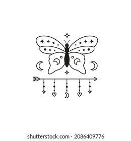 Boho arrow with moon, hearts and celestial butterfly isolated on white background.