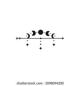 Boho arrow and moon phases, stars isolated on white background.