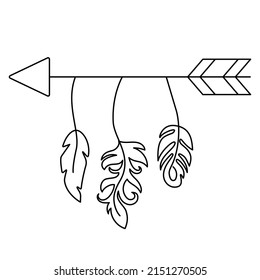 Logo del contorno de flecha Boho. Abrar el arma con plumas. Emblema bohemio. Elegante insignia mínima para marca de empresa. Símbolo de contorno lineal personalizable. Trazo editable. Ilustración aislada de las existencias vectoriales