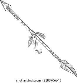 Boho Arrow Sketch. Retro Rustic Feather Weapon