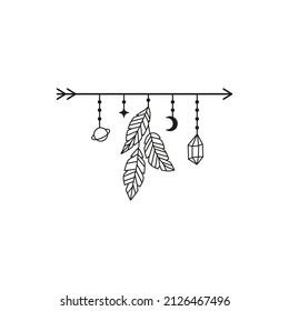 Boho arrow with stylized bird feathers and crescent moon, crystal, planet, star isolated on white background. Mystical bohemian illustration.
