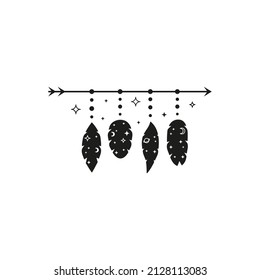 Boho arrow with stylized bird feathers and crescent moon, stars isolated on white background. Mystical bohemian illustration.