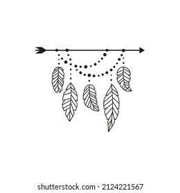 Boho arrow with stylized outline bird feathers isolated on white background. Tribal illustration.