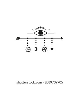 Boho arrow with third eye and flowers, crescent, moon phases, star isolated on white background.