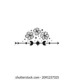 Boho arrow and wildflowers, moon and stars isolated on white background.