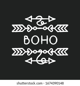 Boho arrows chalk white icon on black background. Bohemian aesthetic and hippie style accessory. Decorative page divider. Ethnic charm. Vintage decoration. Isolated vector chalkboard illustration