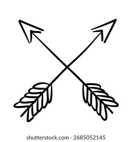 Boho setas cruzadas setas com detalhes de penas bebê chuveiro linha arte doodle ilustração mão desenhado esboço preto e branco esboço para convites adesivos padrões e artesanato