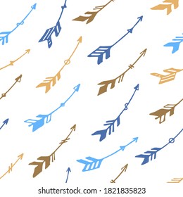 Boho arrows tribal vector seamless pattern. Vintage ethnic hand drawn ornament. Blue brown arrows on whie background.