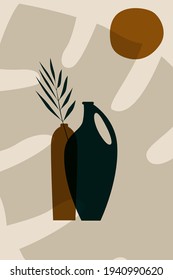 Boho Art, Abstract Vase and plant illustration, Sun shape. Wall Print Poster. Vector. Green Brown color.