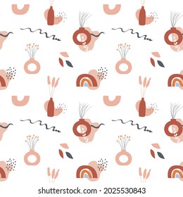 Boho art aesthetic seamless pattern with autumn arrangements of pottery and ceramic vases with dry plants and flowers. Repeatable background with rainbow and abstract shapes. Flat vector illustration.