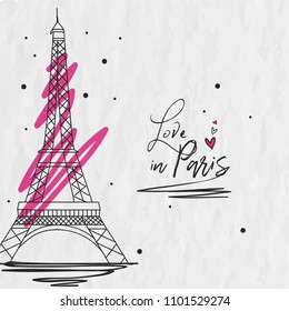 Boho Art with creative and beautiful hand drawn eiffel tower. love in paris. Vector ethnic print design.