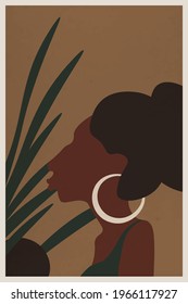 Boho art design, minimalism. Vector drawing of an African female face with brown hair on a background of green leaves. Abstract painting for art print in living room, office, bedroom.Modern Home Decor