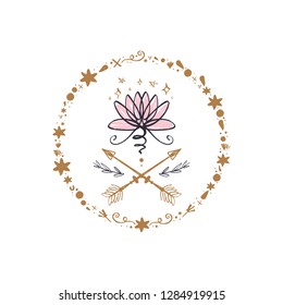 Boho art. Lotus flower line art in the frame, harmony and Universe symbol, sacred geometry. Ayurveda and balance theme. Flash tattoo design. Antistress picture. Isolated editable illustration