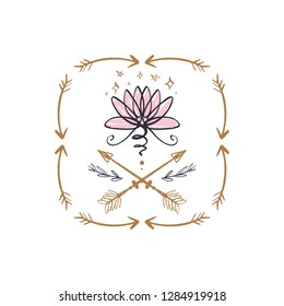 Boho art. Lotus flower line art in the frame, harmony and Universe symbol, sacred geometry. Ayurveda and balance theme. Flash tattoo design. Antistress picture. Isolated editable illustration