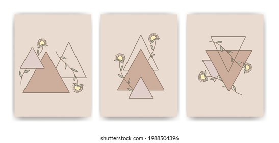 Forma geométrica de estilo de arte boho con flor de margarita amarilla en color terracota, tono de tierra, ilustraciones vectoriales abstractas de fondo con emblema floral y patrón. postal, o folleto en relación 3X4