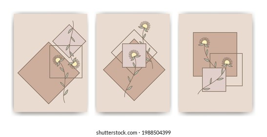 Boho art style geometric shape with yellow daisy flower in terracotta color, earth tone, abstract vector illustrations background with floral emblem and pattern. postcard, or brochure in 3X4 ratio