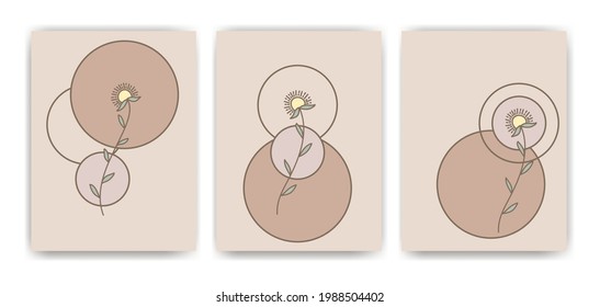 Boho art style geometric shape with yellow daisy flower in terracotta color, earth tone, abstract vector illustrations background with floral emblem and pattern. postcard, or brochure in 3X4 ratio