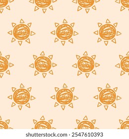 Boho Aztec Sun Symbols Ethnic Seamless Pattern Background Texture. Hand drawn Tribal Ornament Sunshine Wallpaper, Minimalist Textile Print Design Vector Illustration, Vintage Retro Style