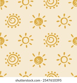 Boho Aztec Sun Symbols Ethnic Seamless Pattern Background Texture. Hand drawn Tribal Ornament Sunshine Wallpaper, Minimalist Textile Print Design Vector Illustration, Vintage Retro Style