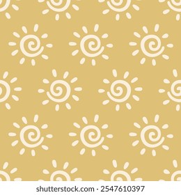 Boho Aztec Sun Symbols Ethnic Seamless Pattern Background Texture. Hand drawn Tribal Ornament Sunshine Wallpaper, Minimalist Textile Print Design Vector Illustration, Vintage Retro Style