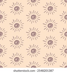 Boho Aztec Sun Symbols Ethnic Seamless Pattern Background Texture. Hand drawn Tribal Ornament Sunshine Wallpaper, Minimalist Textile Print Design Vector Illustration, Vintage Retro Style