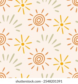 Boho Aztec Sun Symbols Ethnic Seamless Pattern Background Texture. Hand drawn Tribal Ornament Sunshine Wallpaper, Minimalist Textile Print Design Vector Illustration, Vintage Retro Style