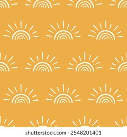 Boho Aztec Sun Symbols Ethnic Seamless Pattern Background Texture. Hand drawn Tribal Ornament Sunshine Wallpaper, Minimalist Textile Print Design Vector Illustration, Vintage Retro Style