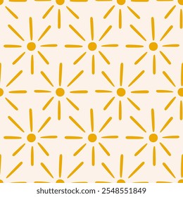 Boho Aztec Sun Symbols Ethnic Seamless Pattern Background Texture. Hand drawn Tribal Ornament Sunshine Wallpaper, Minimalist Textile Print Design Vector Illustration, Vintage Retro Style