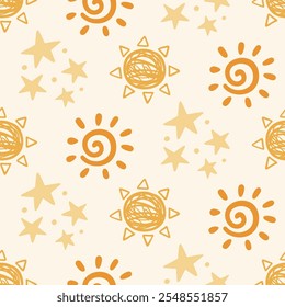 Boho Aztec Sun Symbols Ethnic Seamless Pattern Background Texture. Hand drawn Tribal Ornament Sunshine Wallpaper, Minimalist Textile Print Design Vector Illustration, Vintage Retro Style