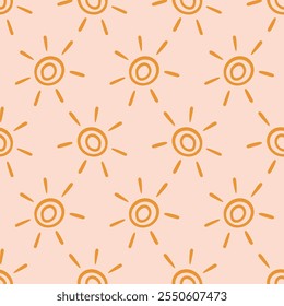 Boho Aztec Sun Symbols Ethnic Seamless Pattern Background Texture. Hand drawn Tribal Ornament Sunshine Wallpaper, Minimalist Textile Print Design Vector Illustration, Vintage Retro Style