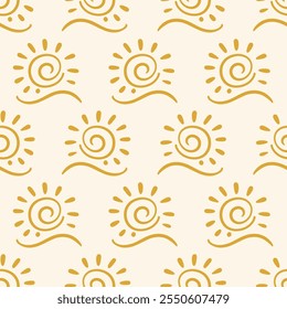 Boho Aztec Sun Symbols Ethnic Seamless Pattern Background Texture. Hand drawn Tribal Ornament Sunshine Wallpaper, Minimalist Textile Print Design Vector Illustration, Vintage Retro Style