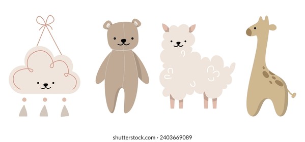 Juguetes de animales para bebés Boho ambientados para niñas y niños. Colección de dibujos animados con oso, lama, jirafa, decoración de juguetes en la nube para adorable vectores de ropa de dormitorio aislados en blanco. Niños aprendiendo equipo Montessori