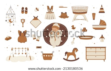 Boho baby care objects. Cute sleeping newborn. Vintage wooden toys for children. Hand drawn elements for nursery decor. Vector illustration in flat cartoon style.