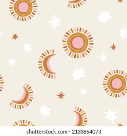 Boho Baby Celestial Crescent Sun Stars Vector Seamless Pattern. Bohemian Childish Abstract Moon Solar Surface Design In Trendy Gender Neutral Colours For Fabric And Nursery Decor.