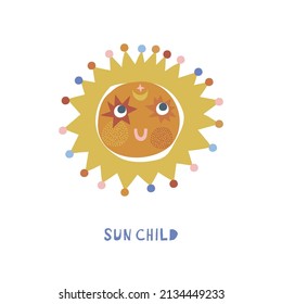 Boho baby celestial cute childish smiling summer sun vector illustration isolated on white. Sun child phrase. Bohemian Solar day and night tee print for kids apparel or Scandinavian nursery decor.