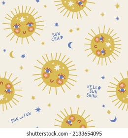 Boho baby celestial smiling sun in the starry sky vector seamless pattern. Yellow blue childish solar surface design with text for kids fashion and nursery decor.