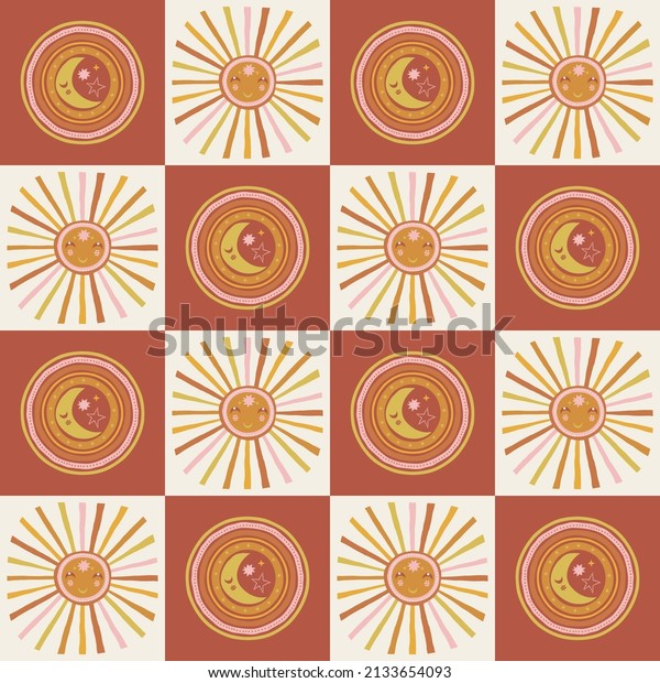 Boho Baby Celestial Sun Moon Day Night checkered\
vector seamless pattern. Bohemian childish Crescent Solar cheater\
quilt patchwork gender neutral trendy print for fabric and nursery\
decor.