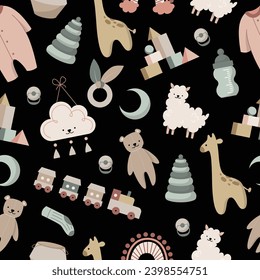 Boho baby clipart seamless pattern for girls and boys. Cartoon collection with animal wooden toys decor for cute bedroom clothes vector isolated. Kids concept learning Montessori equipment