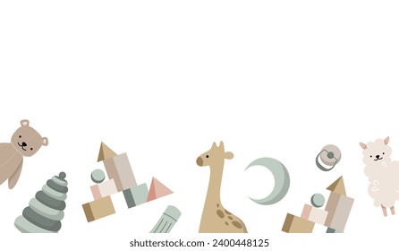 Boho baby clipart set for girls and boys. Cartoon collection with animal wooden toys decor for cute bedroom clothes vector isolated on white. Kids decoration concept learning Montessori equipment